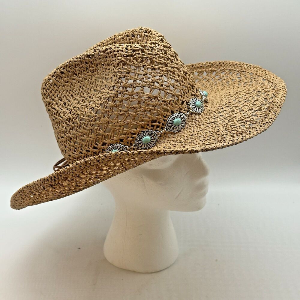 San Diego Hat Company Straw Cowboy Hat Turquoise Conchos Hat Band Wide Brim OSFM - Picture 4 of 10